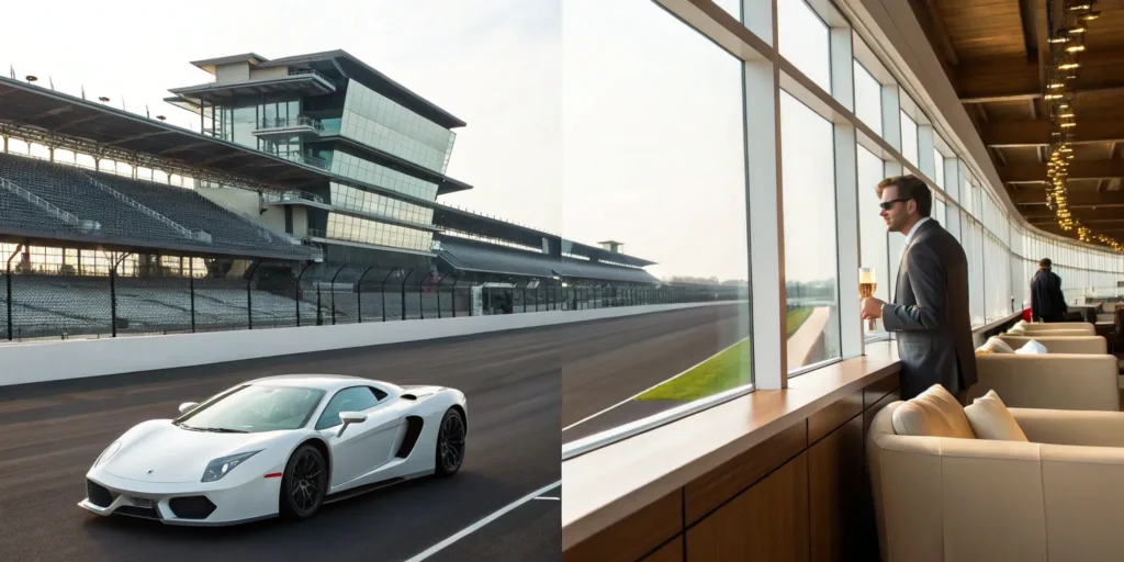 A VIP view of the Indy 500 from a luxury suite, part of an exclusive travel package.