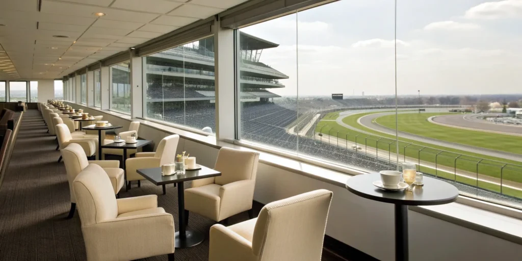 Indy 500 corporate hospitality suite with premium trackside views and catered amenities.