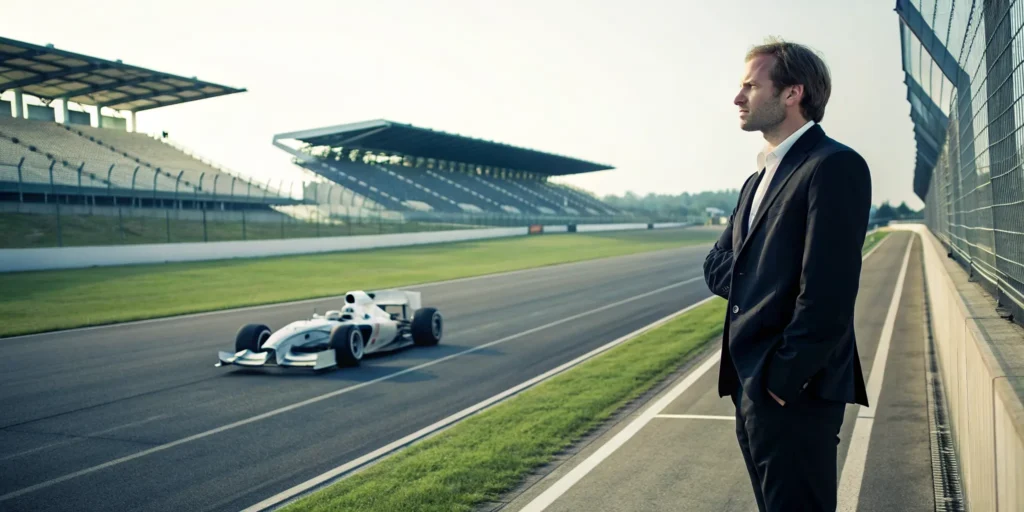 A businessman in a suit enjoys a Formula 1 corporate incentive travel experience by the track.