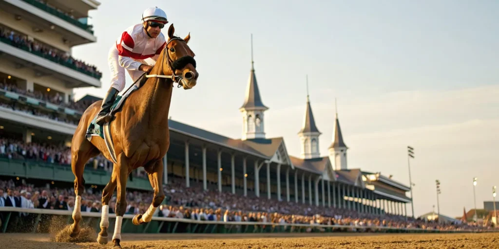 A jockey races a thoroughbred down the stretch at Churchill Downs during the Kentucky Derby.