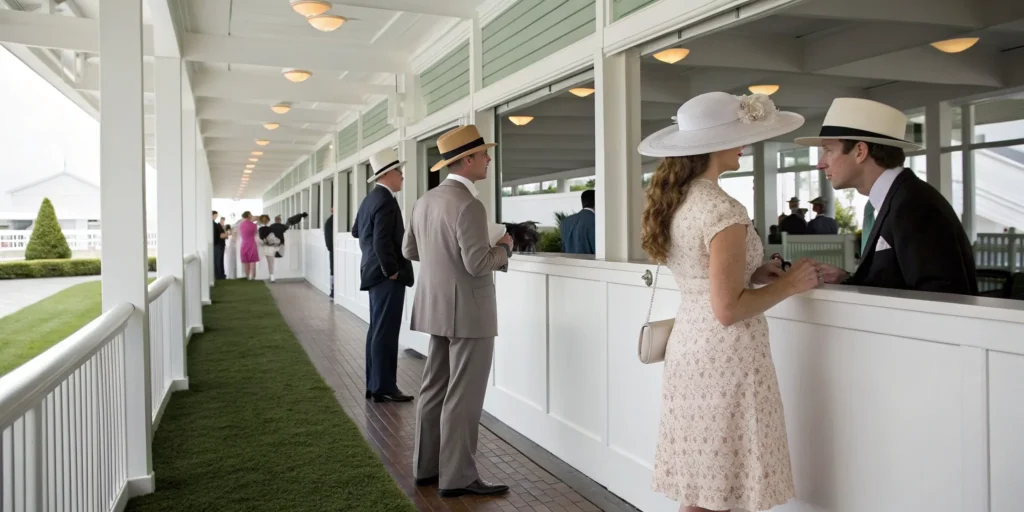 Guests in derby attire place bets at the exclusive Millionaire's Row during the Kentucky Derby.