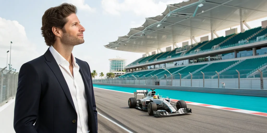 A guest in the F1 Miami Paddock Club watches a race car from the exclusive trackside view.