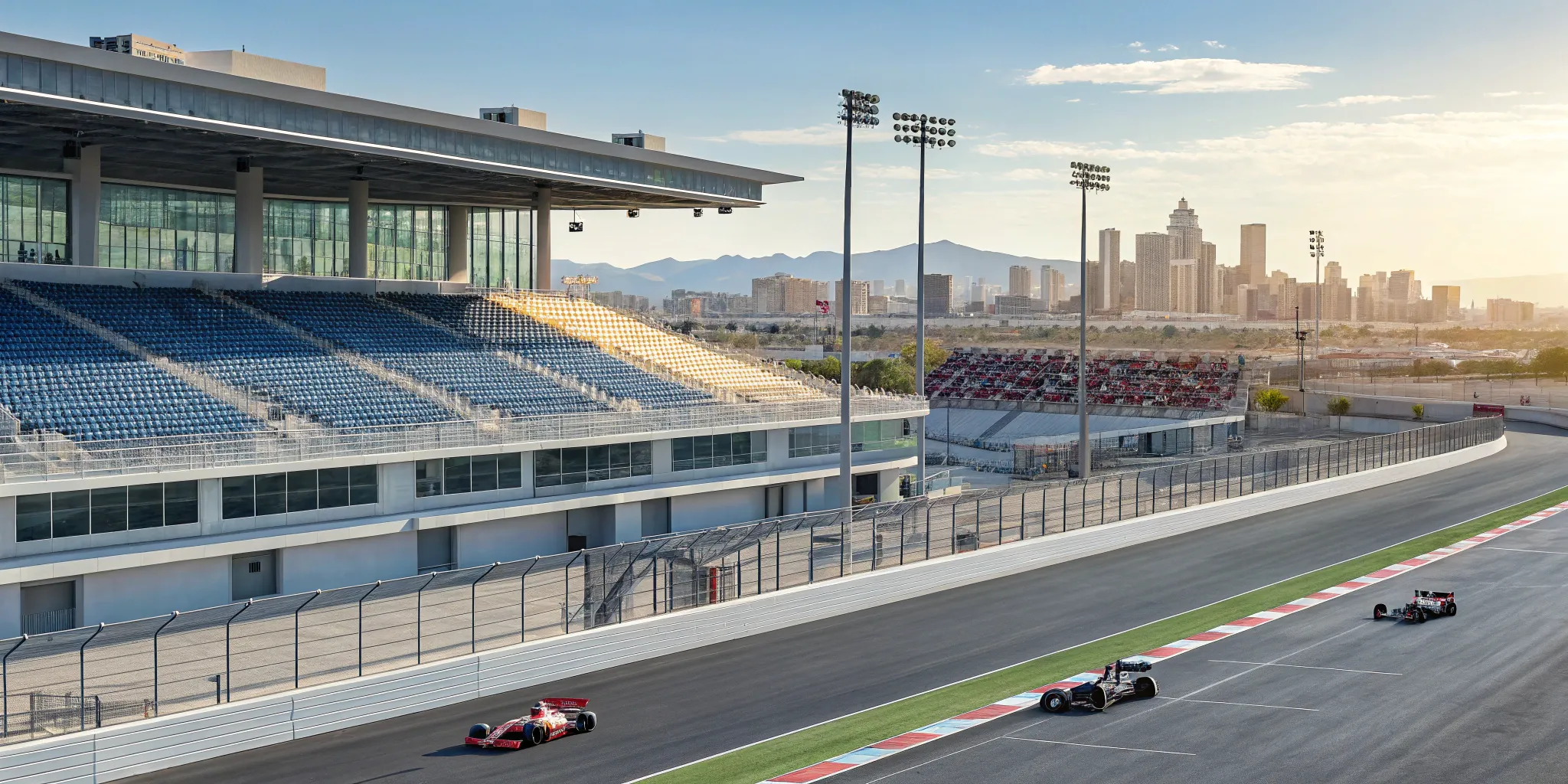 F1 cars on the track viewed from the Las Vegas Paddock Club hospitality suite at night.