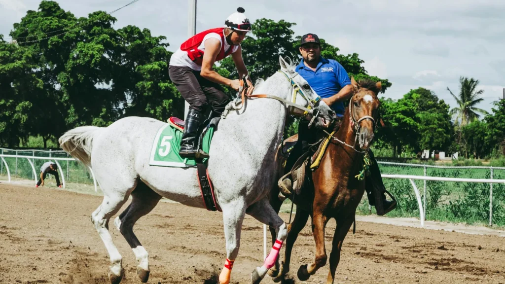 A thrilling horse race featuring a jockey in action and a trainer at a racetrack on a sunny day.