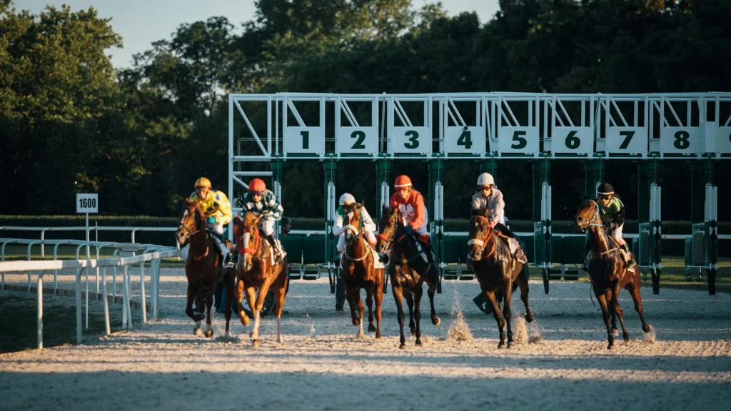 Thoroughbred horses and jockeys racing at the Breeders Cup championship event