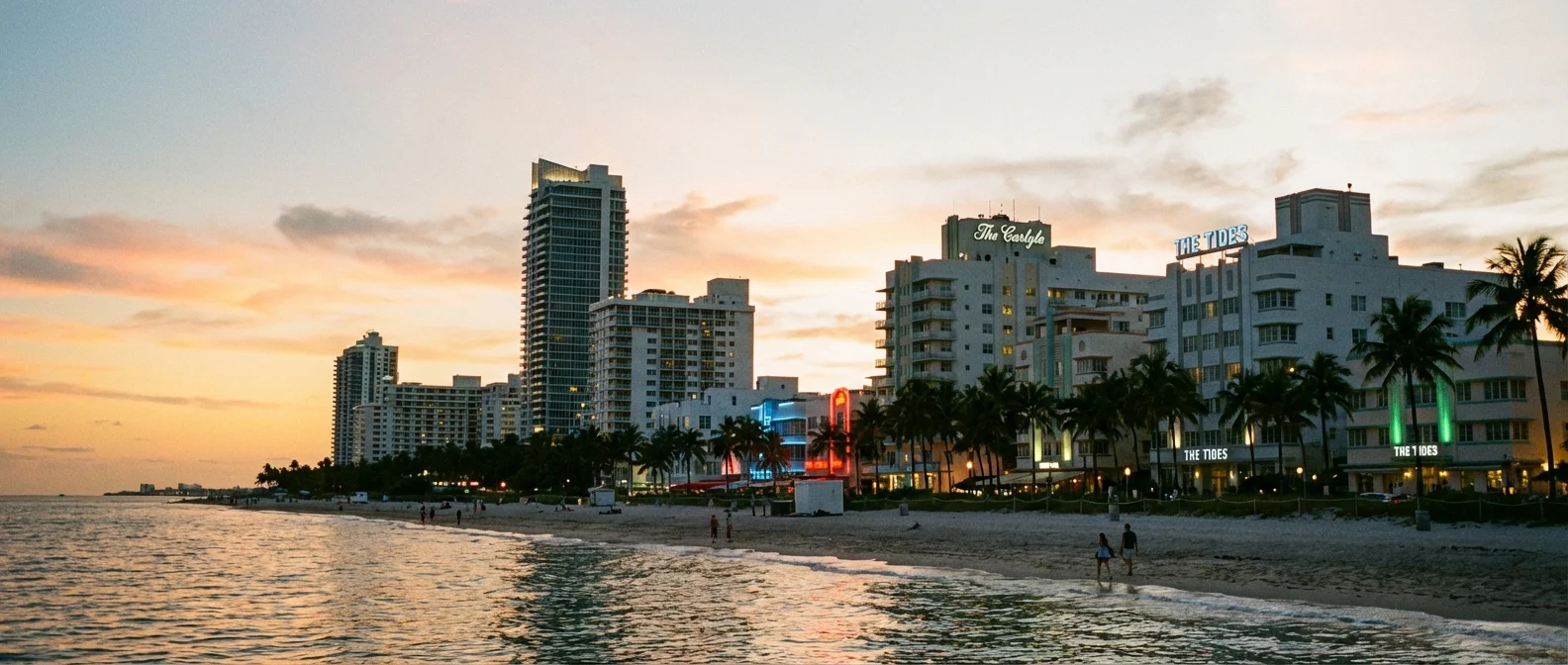 Miami Beach luxury hotels oceanfront skyline at dusk