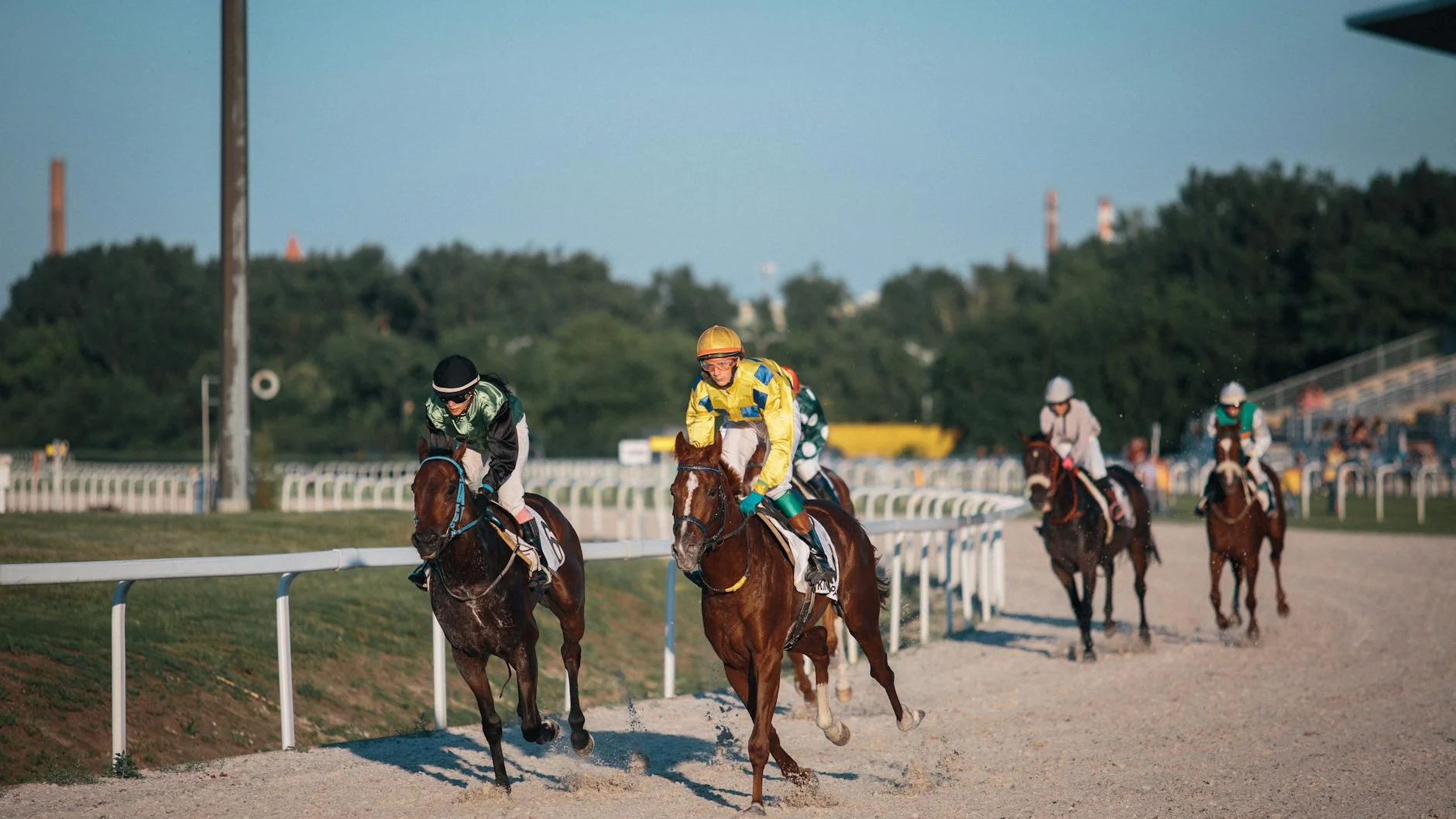 Jockeys racing thoroughbred horses around a track turn during a competitive horse racing event