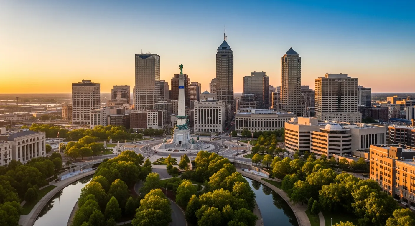Indianapolis city skyline at sunset with Soldiers and Sailors Monument