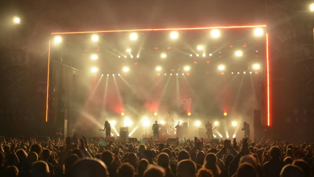 Dynamic live concert with band on stage, lighting effects, and enthusiastic crowd at night.