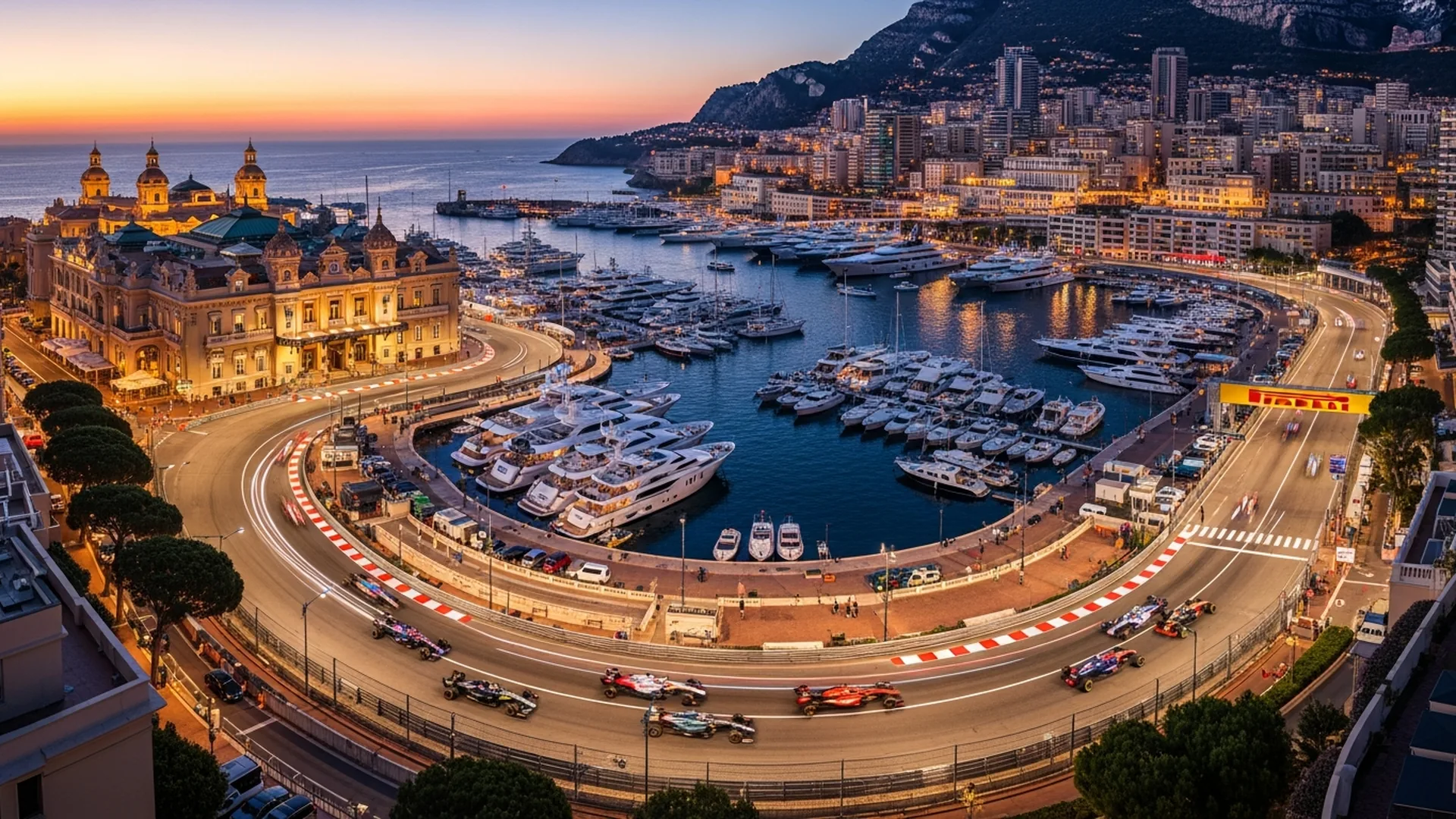 Monaco Grand Prix 2026 at Circuit de Monaco with superyachts in Monte Carlo harbor