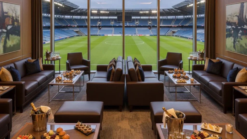 Corporate VIP hospitality suite at a premier sporting event with luxury seating and catered service