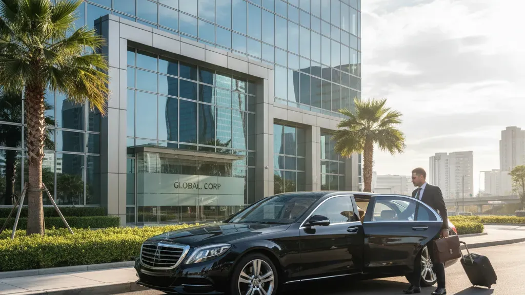 Professional chauffeur opening a luxury vehicle door for a business traveler