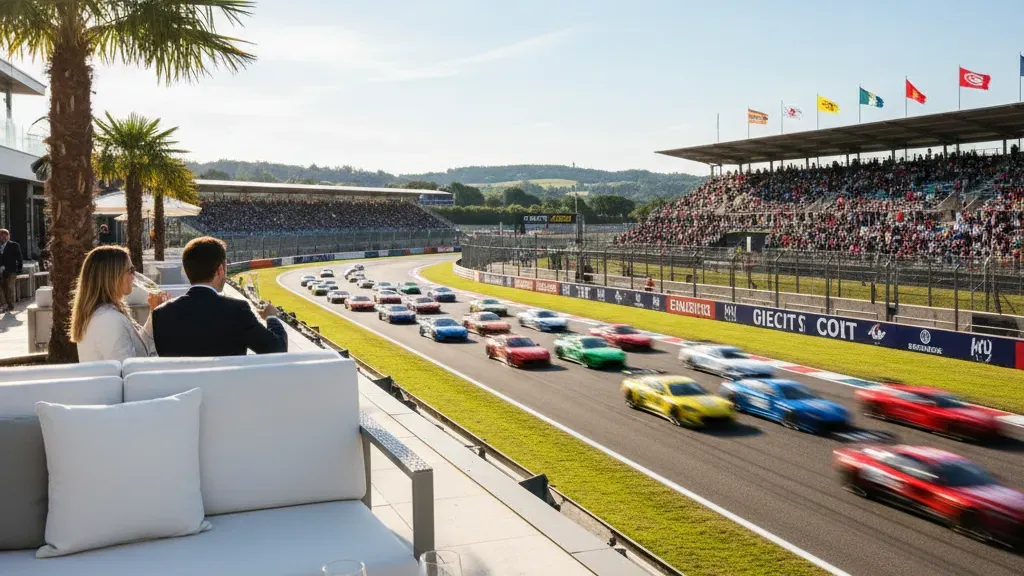 VIP hospitality suite overlooking an F1 Grand Prix circuit with race cars on track