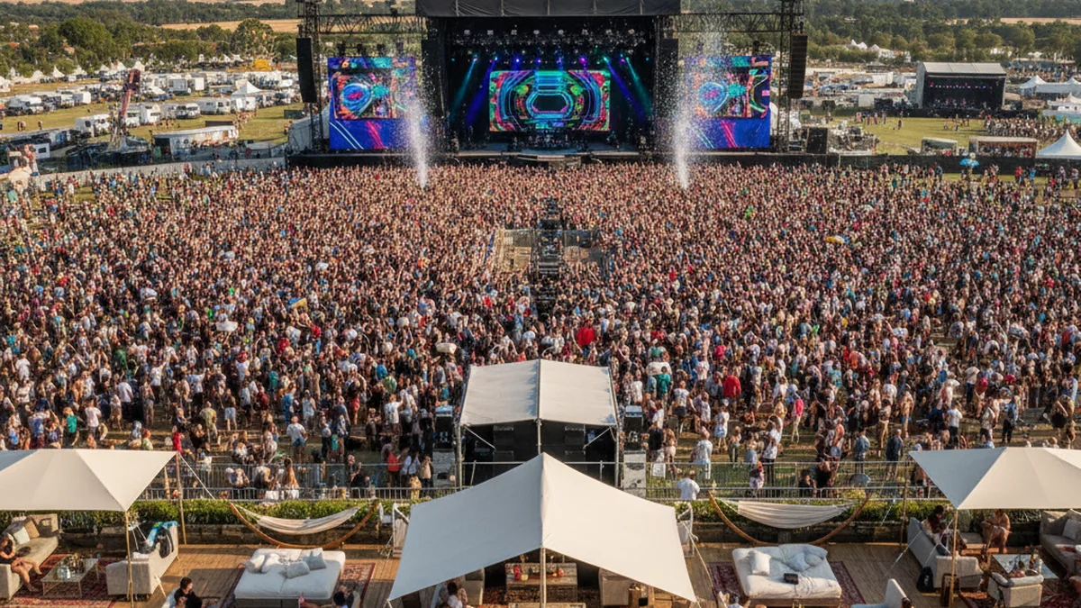 Aerial view of music festival VIP areas and main stage