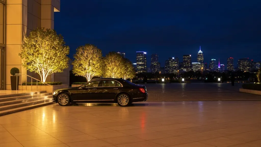 Black luxury sedan parked at a corporate event venue entrance at dusk with warm golden lighting