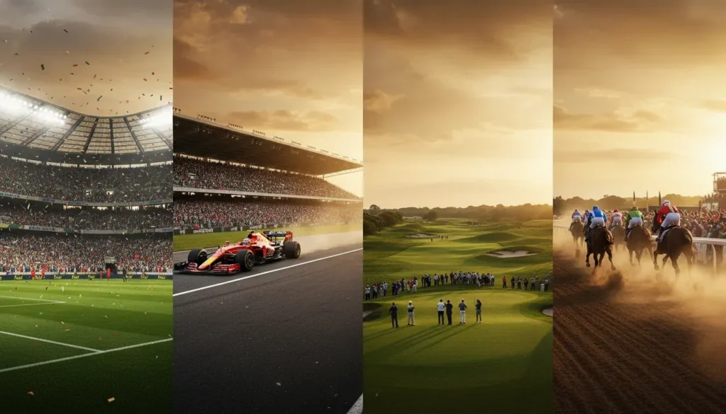 A packed stadium and race track scene representing the best bucket list sporting events including The Masters, Kentucky Derby, and Formula 1