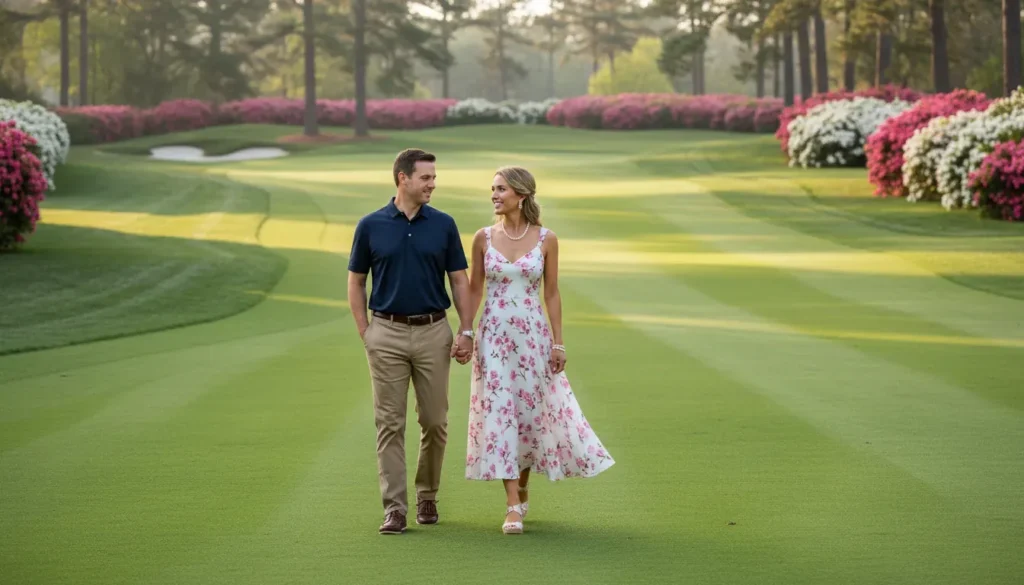 Elegantly dressed couple walking Augusta National grounds for the Masters golf tournament