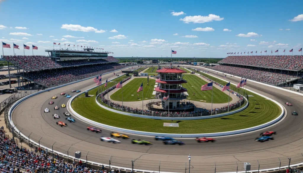 Aerial view of Indianapolis Motor Speedway packed with fans on Indy 500 race day
