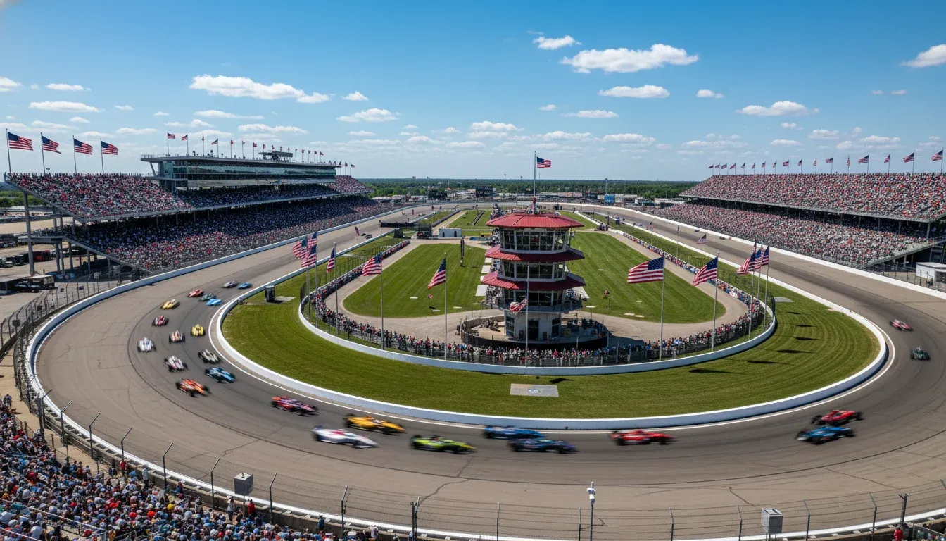 Aerial view of Indianapolis Motor Speedway packed with fans on Indy 500 race day