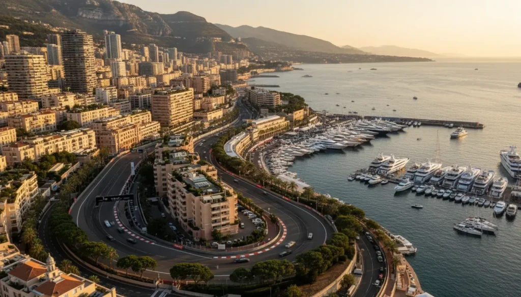 Aerial view of Monaco Grand Prix circuit along the Mediterranean coastline with luxury yachts and Monte Carlo skyline
