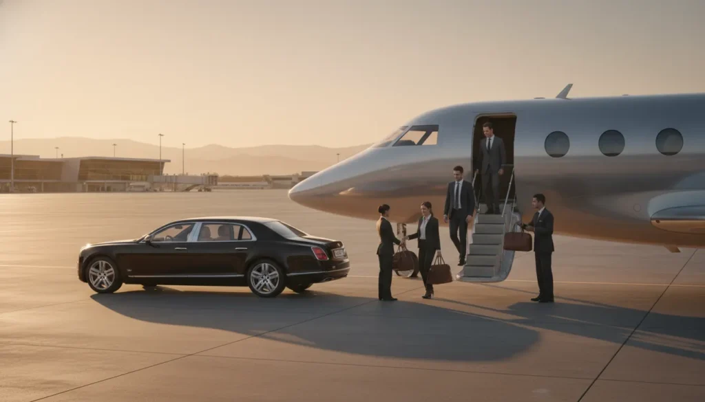 Executive group boarding a private jet for private aviation for event travel