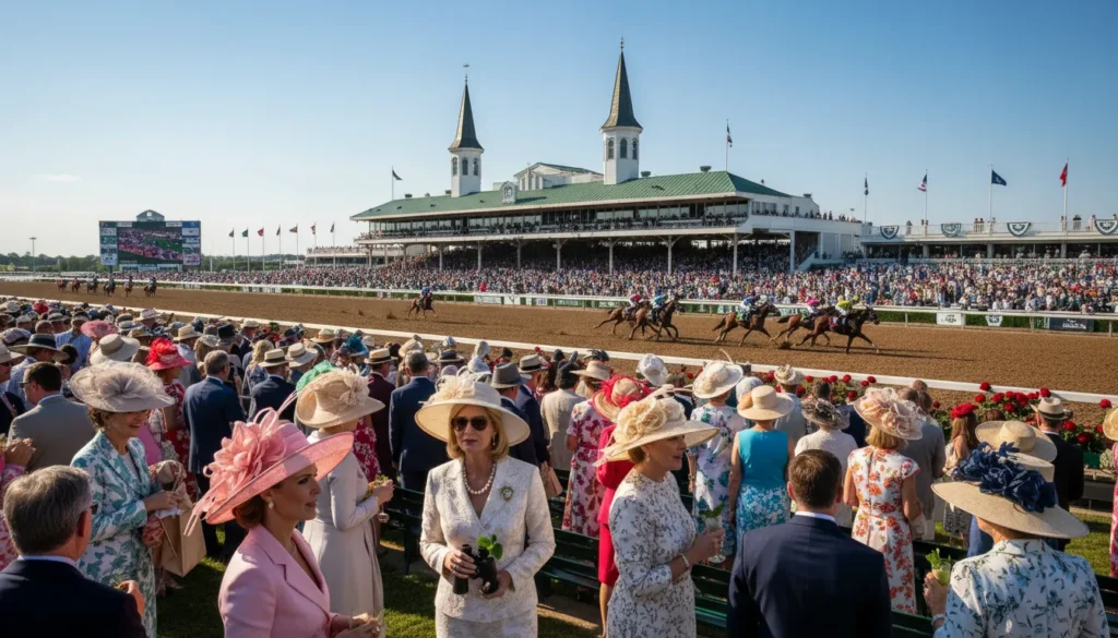 Well-dressed spectators wearing elegant hats and spring outfits at Churchill Downs on Kentucky Derby Day
