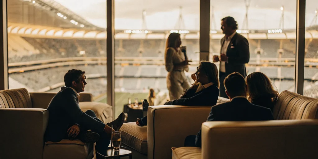 Executives networking in a premium sports hospitality suite