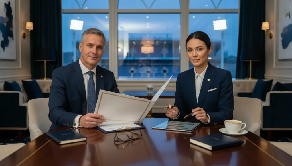 Executives reviewing a corporate hospitality budget planning itinerary for a VIP sports event