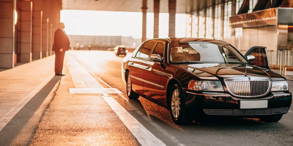 Black executive car waiting outside a modern airport terminal
