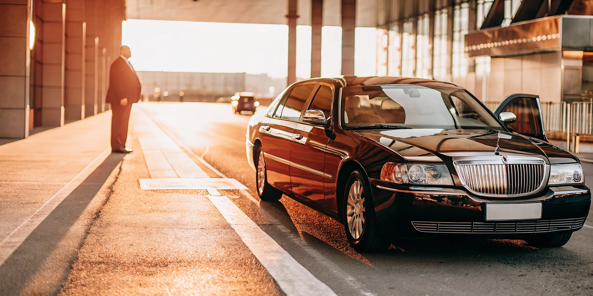 Black executive car waiting outside a modern airport terminal