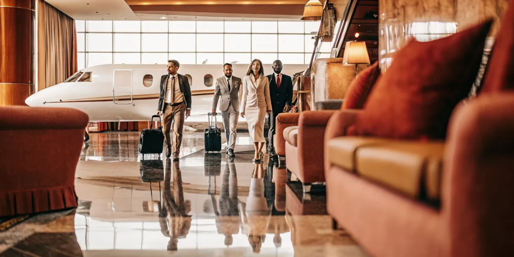 Corporate executives boarding a private jet for a VIP group travel experience