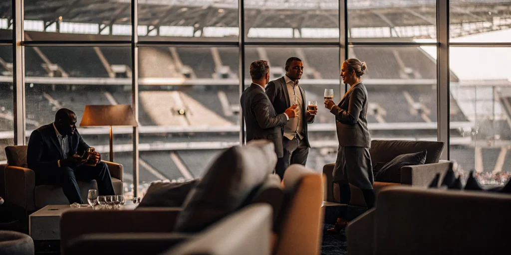 Corporate executives networking in a luxury VIP suite at a premier sporting event