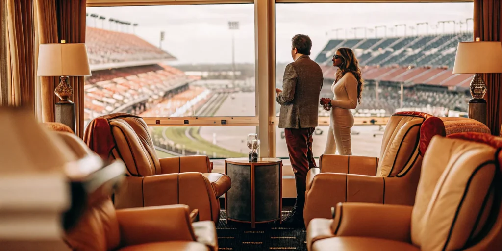Luxury VIP suite overlooking Daytona International Speedway during the Daytona 500 race