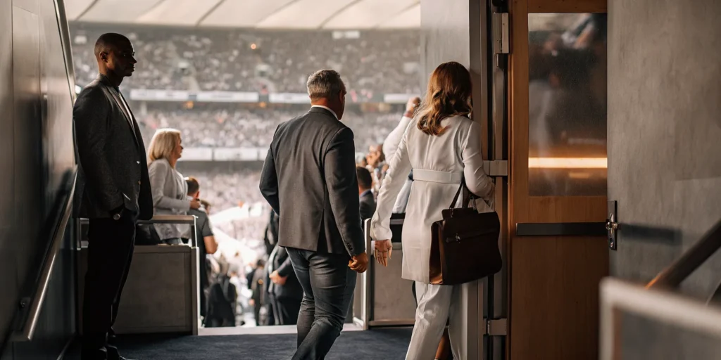 Security professional escorting a VIP executive through a crowded stadium entrance at a major sporting event