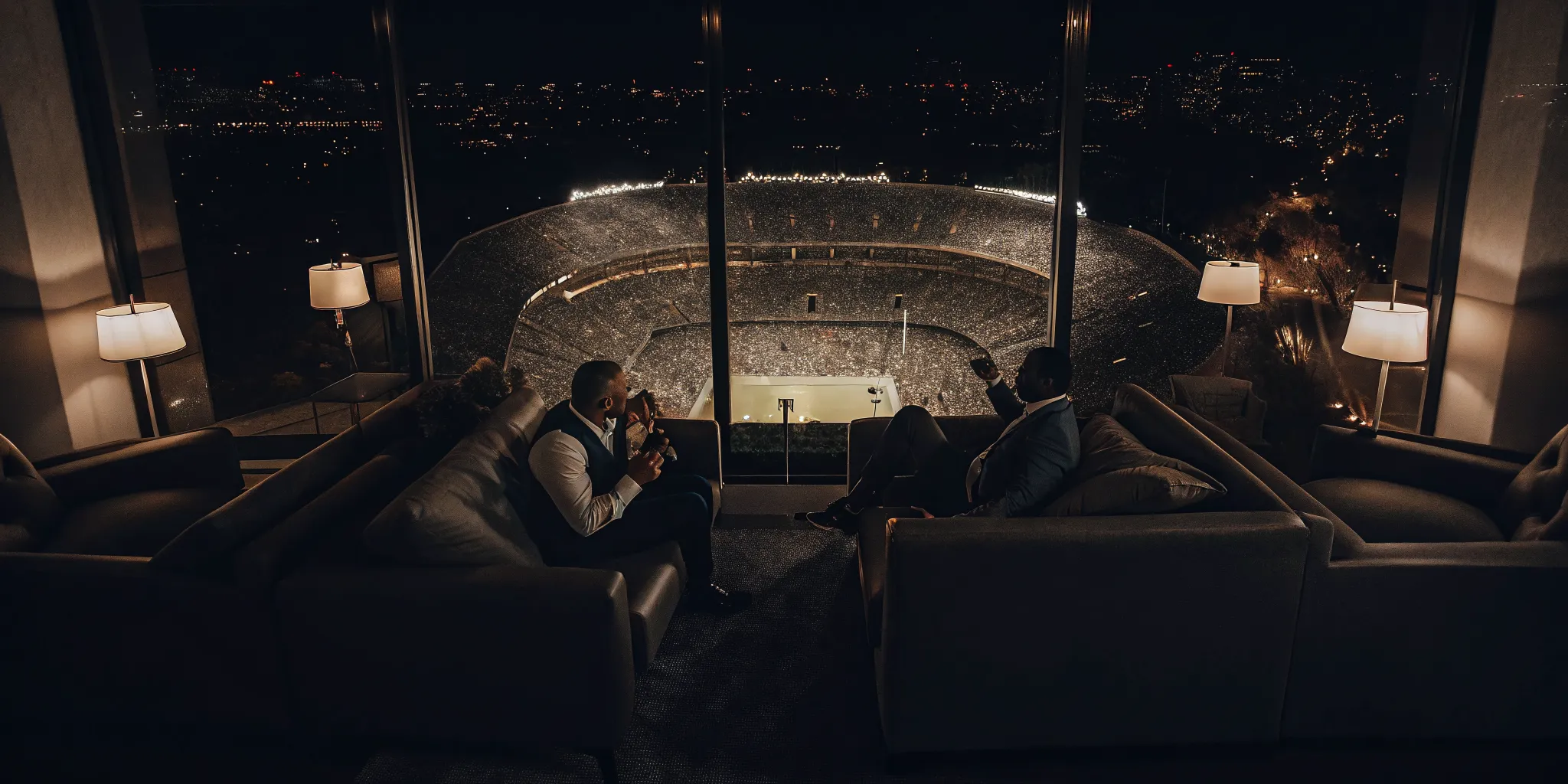Luxury VIP suite overlooking a packed stadium during a major sporting event