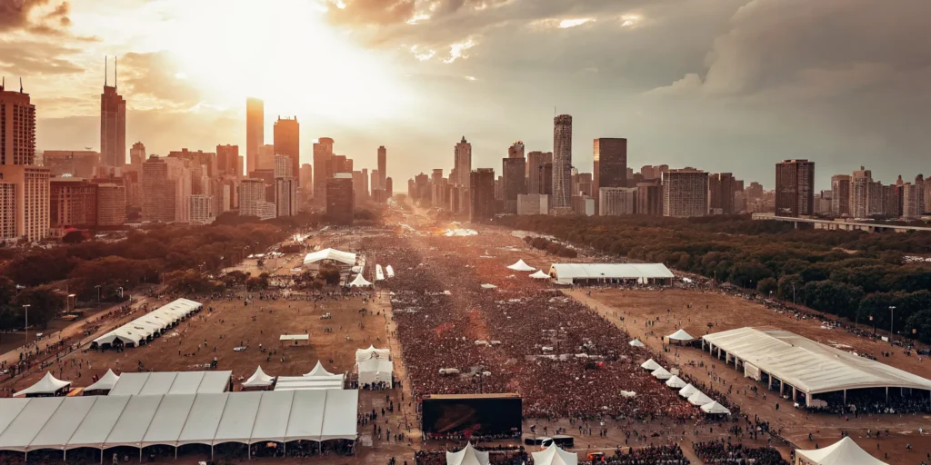 Aerial view of Lollapalooza music festival at Grant Park Chicago with VIP lounge areas, luxury skyline backdrop, and sunset atmosphere