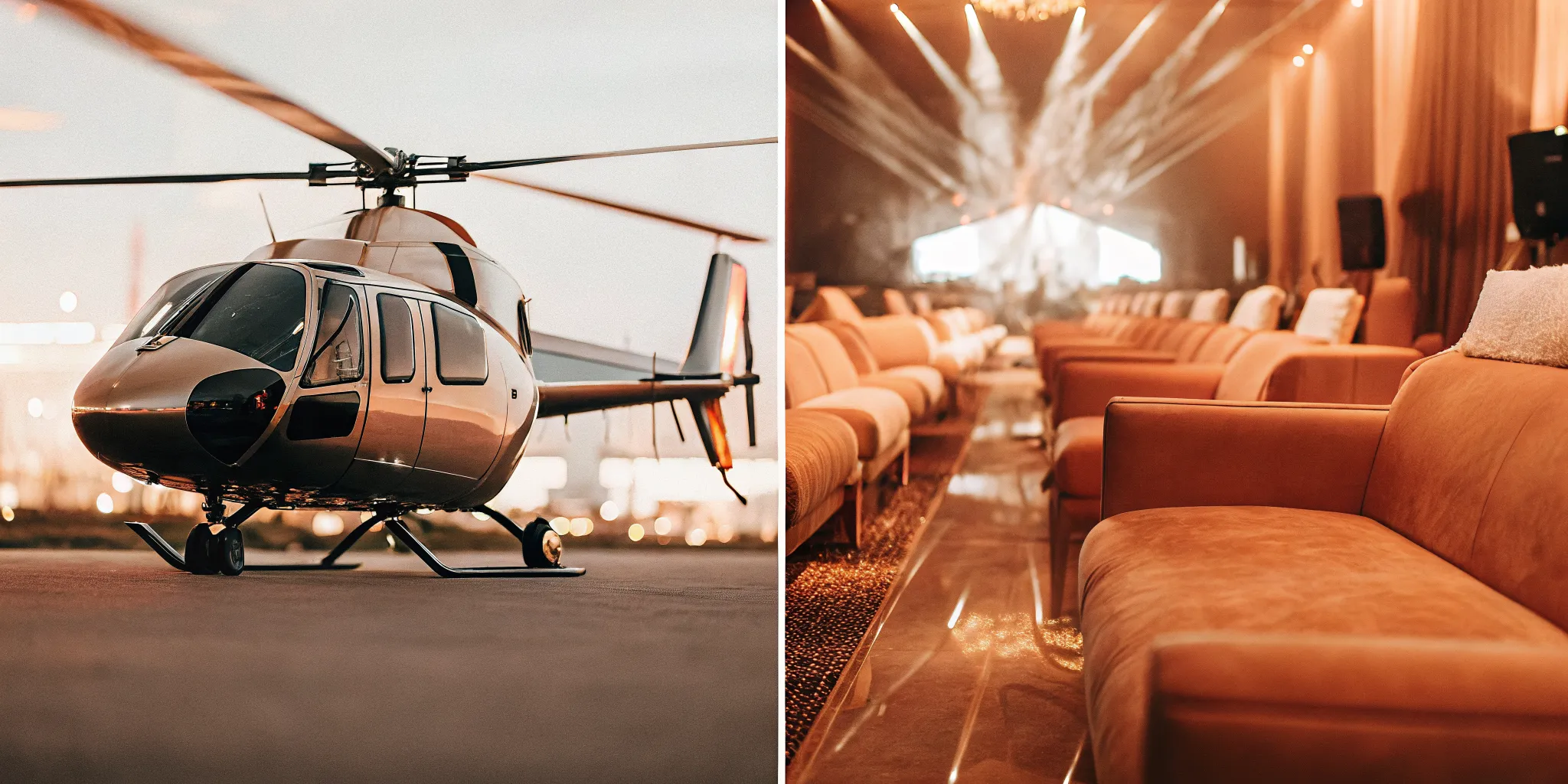 A private helicopter landing near a luxury music festival VIP lounge