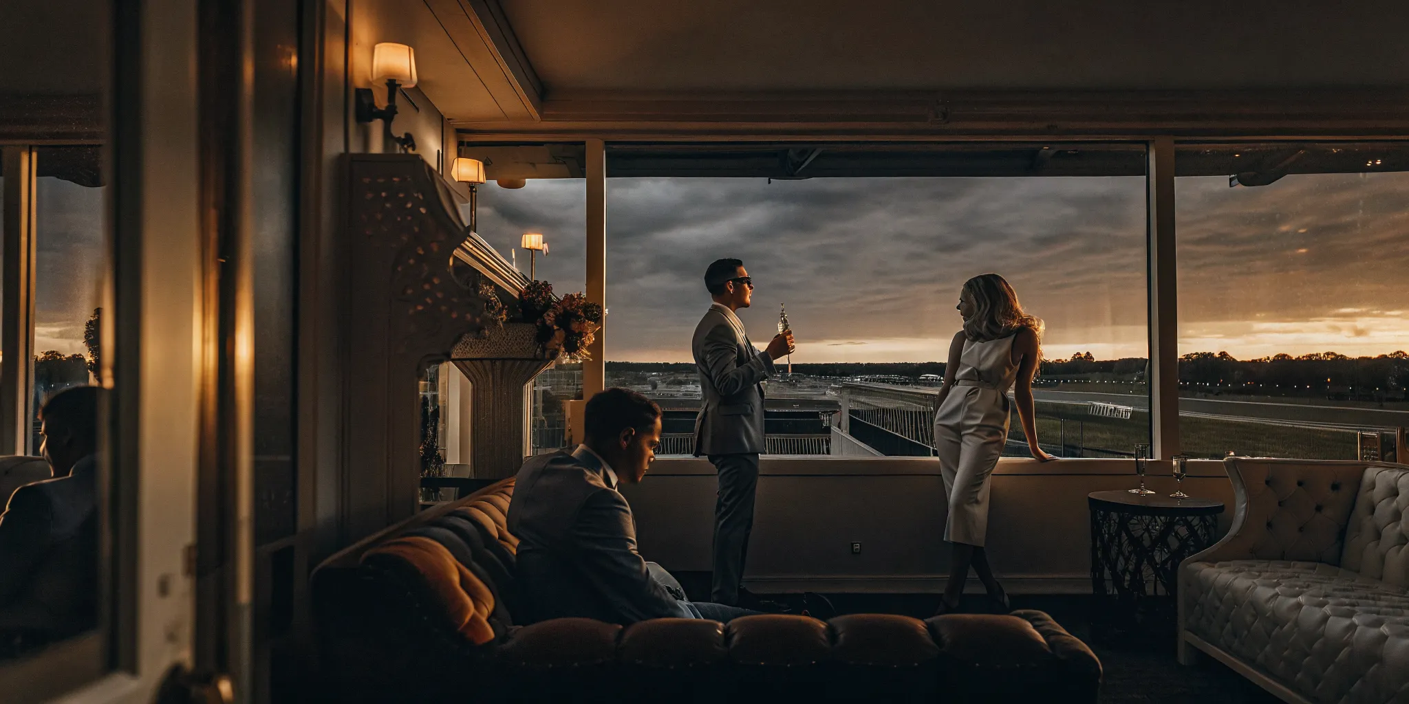 VIP hospitality suite at Pimlico Race Course during Preakness Stakes with outdoor track views