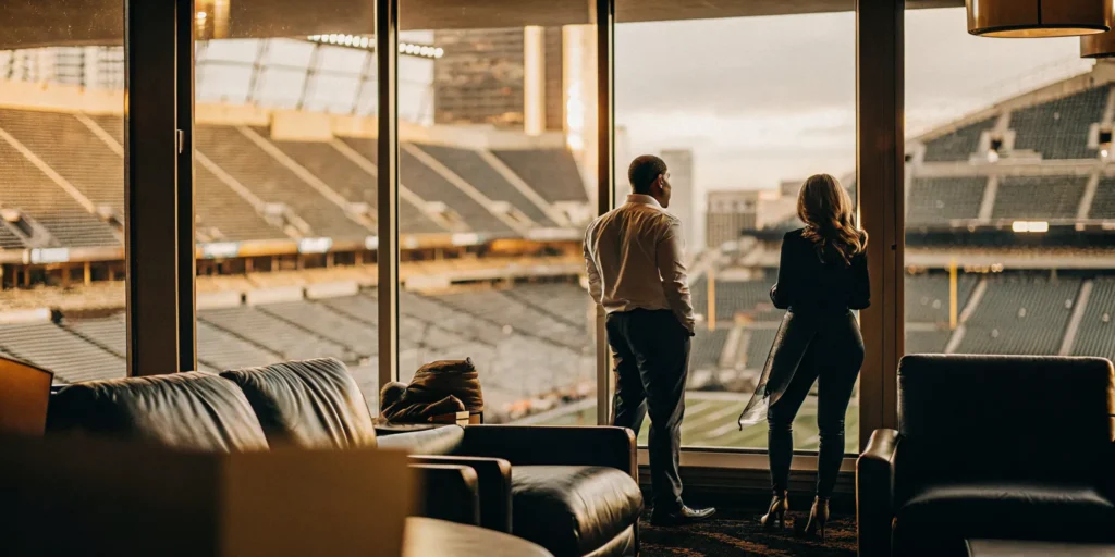 Luxury stadium suite with panoramic field views for corporate hospitality