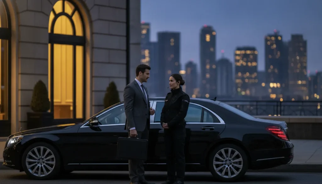 Executive business travel security planning beside a luxury vehicle