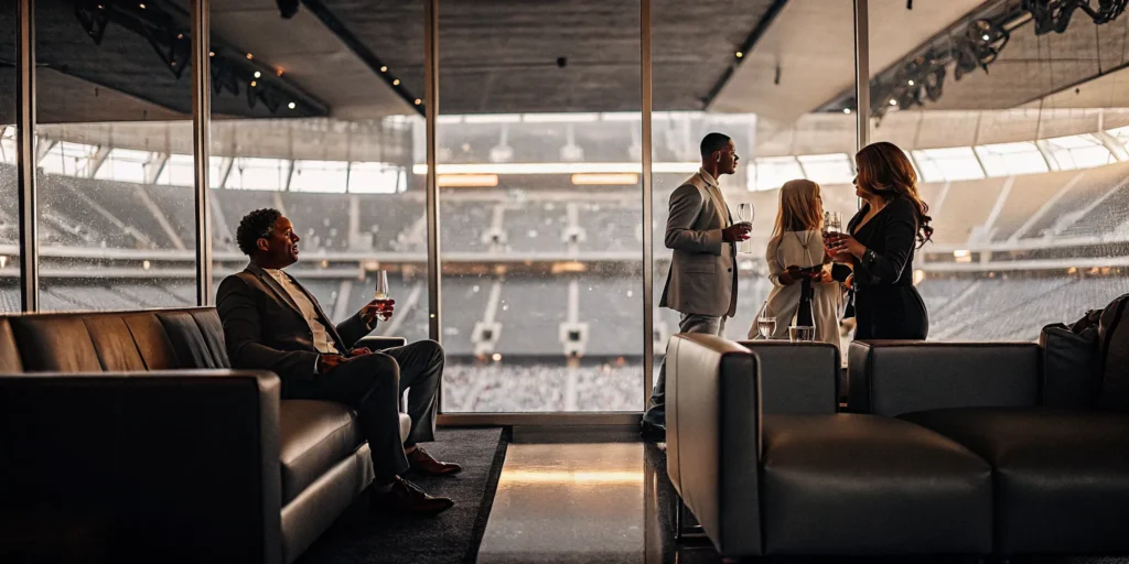 Corporate executives networking in an elegant private hospitality suite at a major sporting event