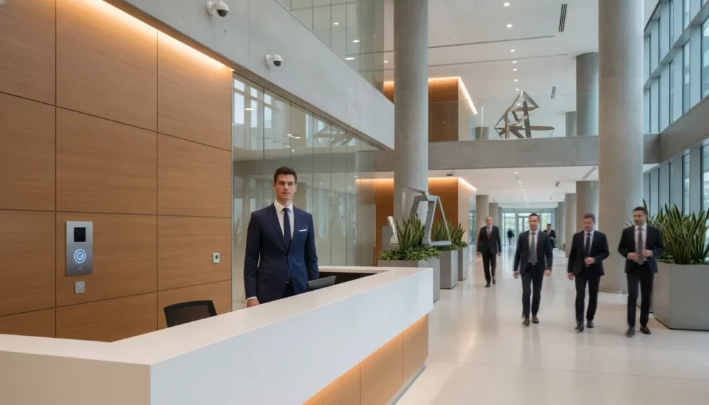 Security officer in a modern corporate headquarters lobby at the reception desk