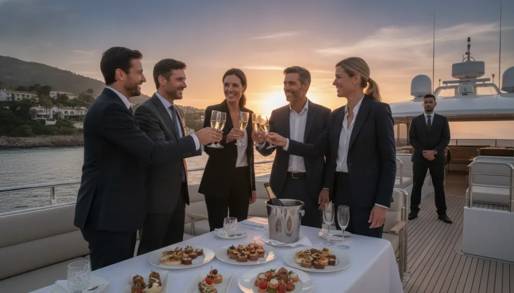 Corporate executives enjoying a private evening aboard a luxury yacht with discreet security present