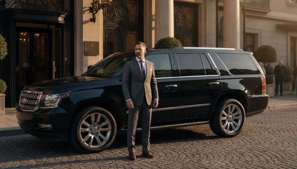 Trained executive protection officer standing discreetly beside a luxury SUV at an upscale venue