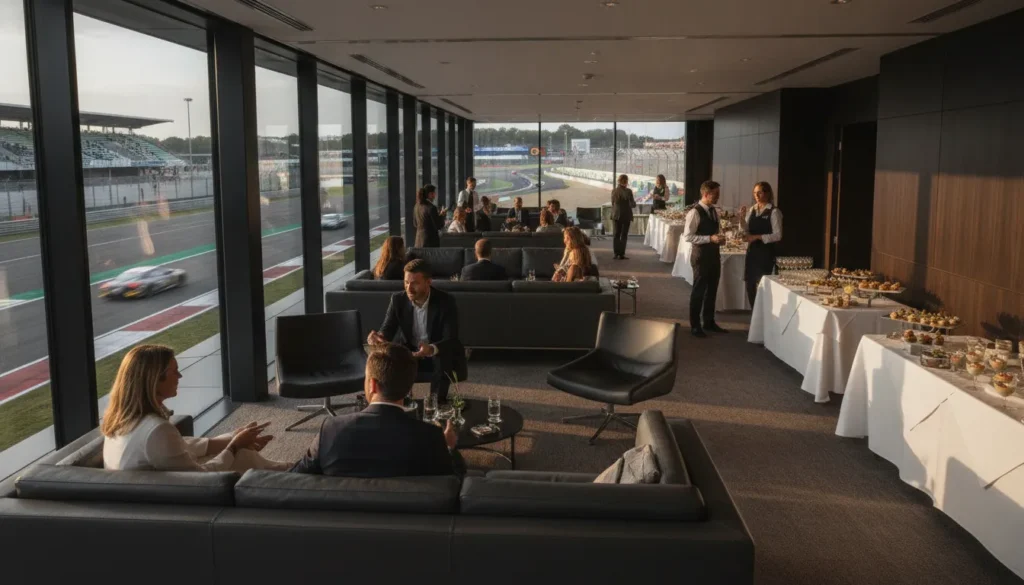 F1 Paddock Club hospitality suite with premium trackside views at a Grand Prix