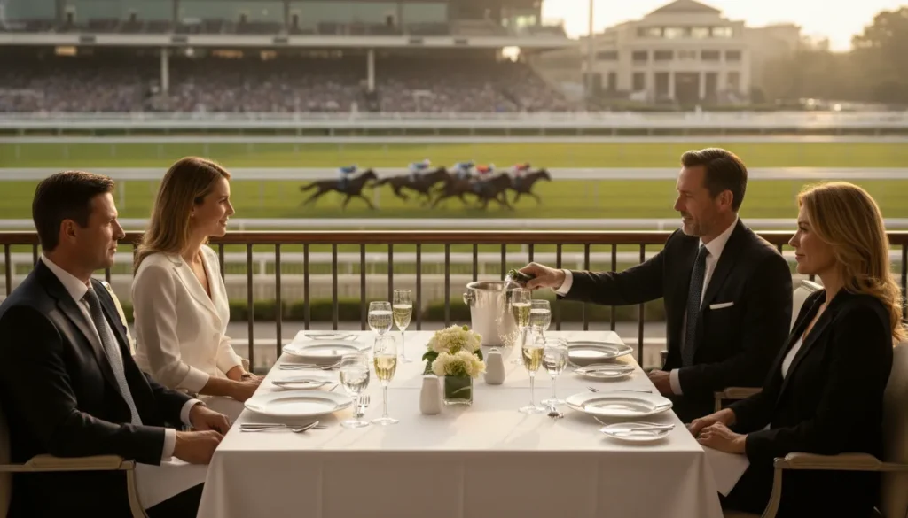 Corporate executives enjoying premium trackside hospitality with a view of the Churchill Downs grandstand