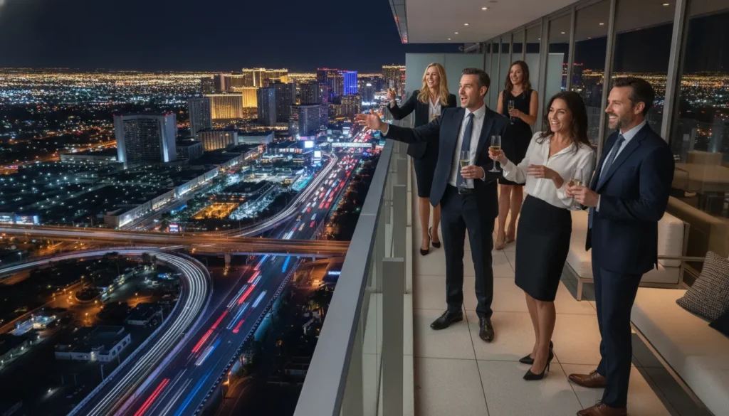 Corporate executives enjoying premium Las Vegas Grand Prix hospitality at a rooftop suite overlooking the illuminated Strip