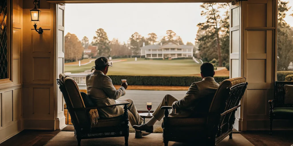 Premium corporate hospitality pavilion overlooking a manicured golf course at a major tournament