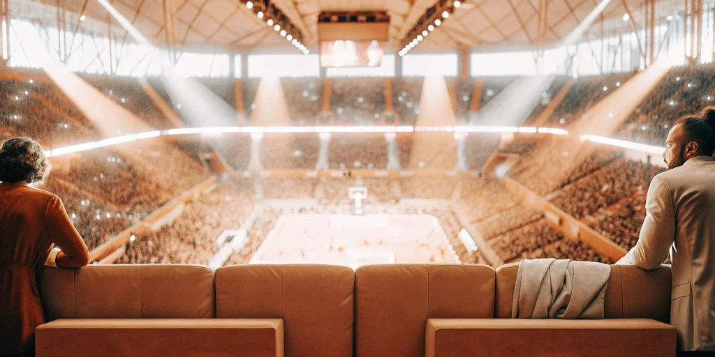 Executive VIP suite at a college basketball championship with premium seating and arena lights