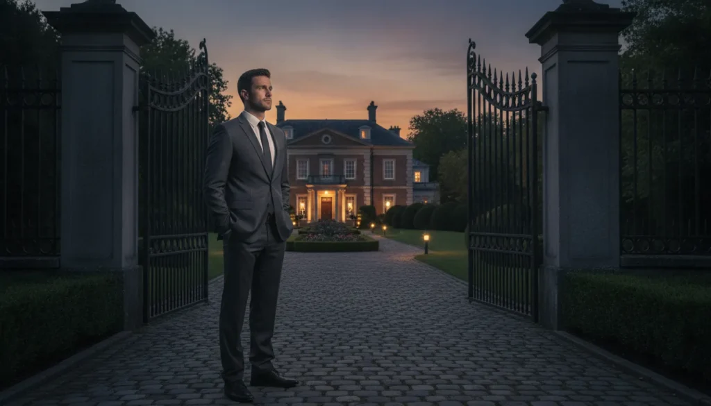 Residential security specialist standing watch at the gated entrance of a luxury estate at dusk